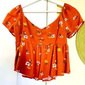 LA Hearts Coral Pink Spring Floral off the Shoulder Crop Top | Size: L